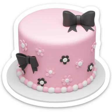 Pastel pink shaped birthday cake with black and white bows and flowers sticker