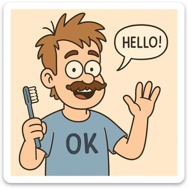 A boy brown mustache Toothbrush Bed Head hair blue ok t-shirt Ivan say hello sticker