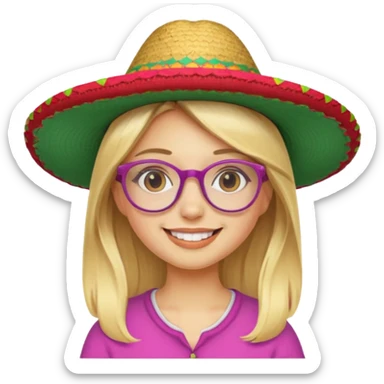 blonde girl with straight hair and glasses with a Mexican hat  sticker