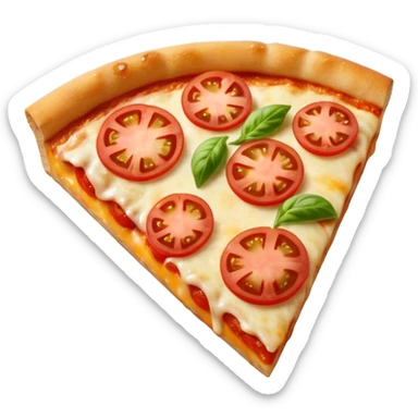 close-up of a single slice of margarita pizza, gooey cheese and tomato sticker