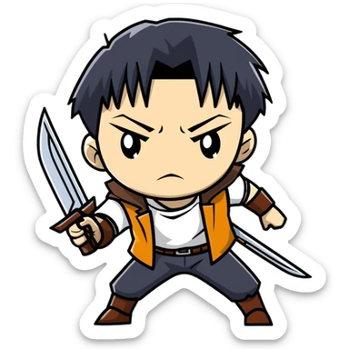 Levi Ackerman from Attack on Titan, with serious expression, wielding ODM gear sticker