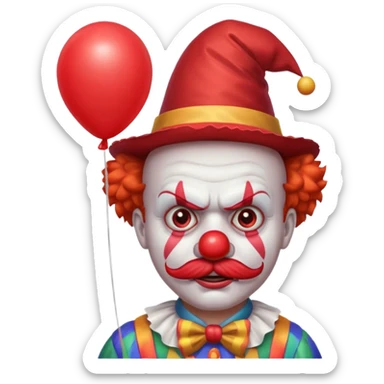 Angry clown — furrowed brow, mustache, tiny hat, hold red balloon sticker