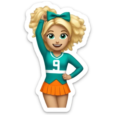 Cheerleader, girl, teal and orange uniform, blonde hair, pom poms, happy sticker