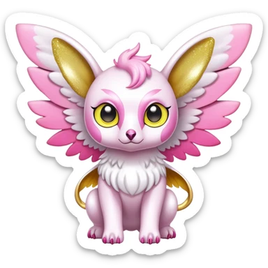 Shiny epic glittery divine white yellow pink animal-fakemon-creature with head-ear-wings, cute, adorable, big eyes sticker