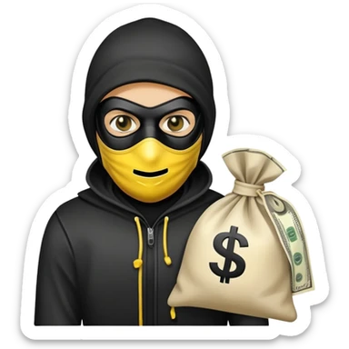 a burglar head with a yellow face with a black mask holding a white bag with a dollar sign sticker