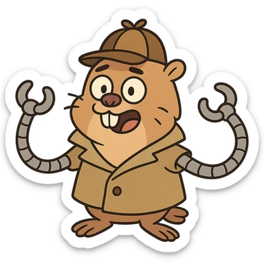 gopher wearing a detective hat, mechanical arms extending, playful style, cartoonish and fun sticker