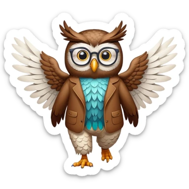 friendly anthropomorphised night owl with wings instead of arms, colourful pants and shirt, wearing glasses, walking upright, night owl features and colours, unique pose 2 sticker