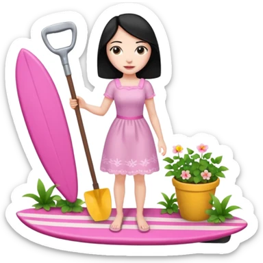 Princess who wearing dress (woman) black hair holding her cellphone and a garden shovel with another hand. She is standing on her feet, there is one pink surfing board. sticker