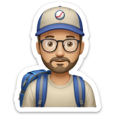 adventurer with goatee beard (no beard on cheeks), short hair, glasses, backwards baseball cap and backpack sticker