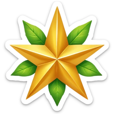 "A vibrant, golden five-pointed star emoji, with graceful green leaves subtly integrated into its points or wrapping around its base. The design should feel radiant and positive. Clean, vector-style, 32x32 pixel icon. Transparent background. Icon for achievement in health." sticker