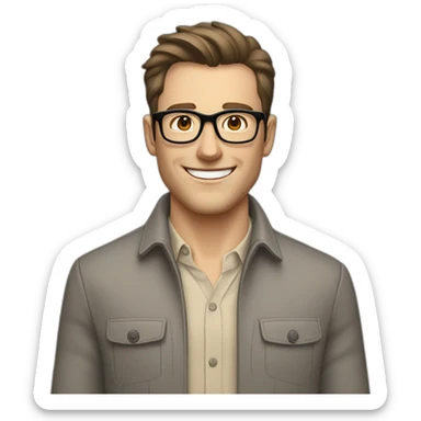 Joyful Pale skinned Fit Man With dark brown hair in gray jacket, beige office shirt, Brown pants and vintage glasses. His thrumbs up sticker