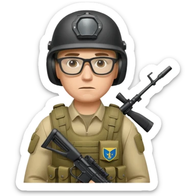 Ukrainian intelligance agency warrior man in platecarrier with nato riffle in helmet and glasses sticker