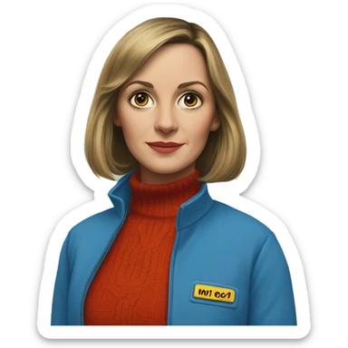Shelly duval from the shining but I’m a blue mechanic suit and a colorful turtle neck sticker