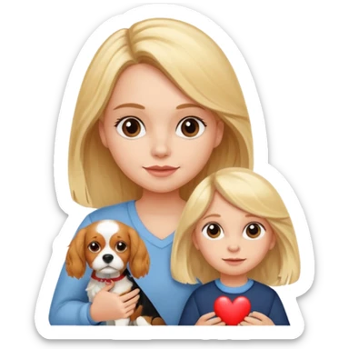 A little blonde girl with blond mom and cavalier king charles spaniel and heart sticker