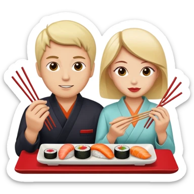 A couple of white people vacationing in Japan, eating sushi sticker