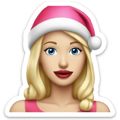 Beautiful blonde blue eyed woman, pink lips, wearing red santa hat sticker