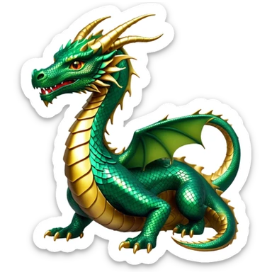 Cinematic Noble Dragon Portrait Emoji, Poised and majestic, with a sinuous, elongated body covered in intricately detailed, shimmering scales in hues of emerald and gold, and piercing, fiery eyes that reflect ancient wisdom; rendered with lifelike texture and natural highlights, high shine, intelligent and formidable, styled with an aura of mythic power, focused and attentive, soft glowing outline, capturing the essence of a legendary dragon that appears ready to soar out of the screen with timeless authority! sticker