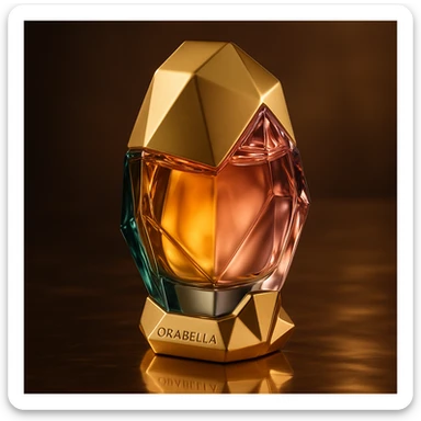 Create a cinematic, realistic 3D rendering of the Orabella fragrance bottle, matching the real design and colors, with elegant lighting and a luxury product photography style. Focus on high detail and premium presentation. sticker