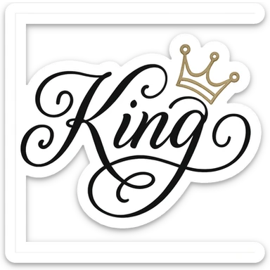 KING in Brittani font, extra cursive and decorative, elegant calligraphy, with a sideways gold crown on the G, transparent background sticker