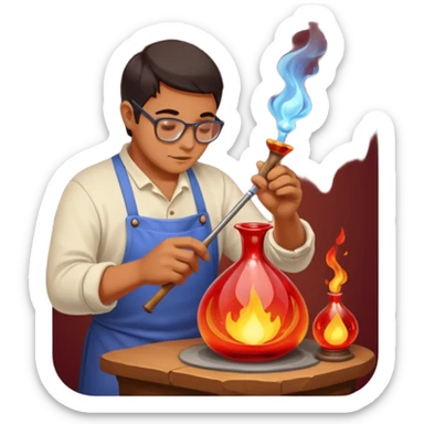 Glassblowing and casting icon, artisan shaping molten glass with a blowpipe, glass being poured into a mold, glowing red-hot glass, delicate patterns, minimalistic style, clean lines, transparent background. sticker