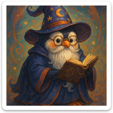 a chubby penguin wizard with glasses, a long beard, and a spellbook, fantasy illustration style sticker