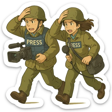  walking from left to right across frame: a cameraman, and a microphone operator, ONLY two people, war correspondents, tense moment, BOTH HOLDING ONTO THEIR HAT! sticker