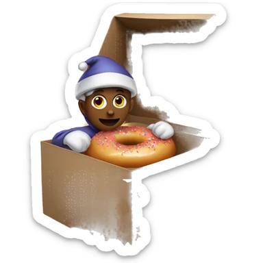 A dounut with eyes ￼ sitting in a box with an elf costume sticker