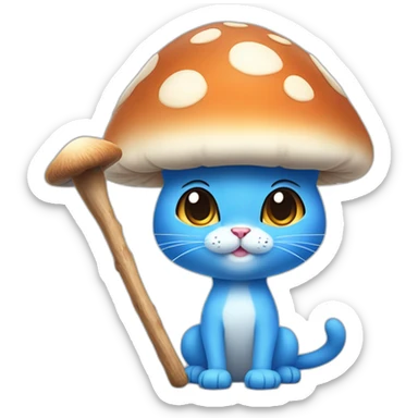  Cute Blue Cat NO ears wearing a mushroom cap carrying a stick in one arm standing on two legs no hair made of skin sticker