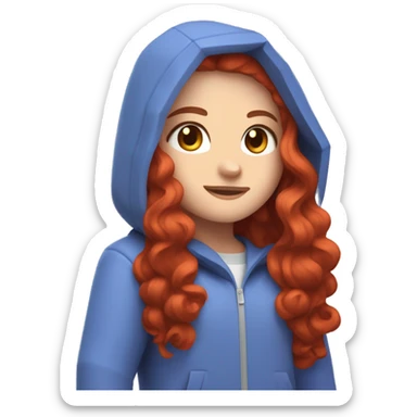 a white girl with long red curly hair, wearing periwinkle Minecraft hoodie playing a videogame sticker