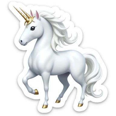 cinematic-beautiful-white-unicorn-full body-emoji,-poised-and-regal,-with-a-slender,-ethereal-form-draped-in-a-pristine-white-color,-a-flowing-mane-and-tail,-and-a-glistening,-spiraled-horn-that-radiates-pure-light,-simplified-yet-sharp-and-majestic, zoomed out to show a majestic unicorn sticker