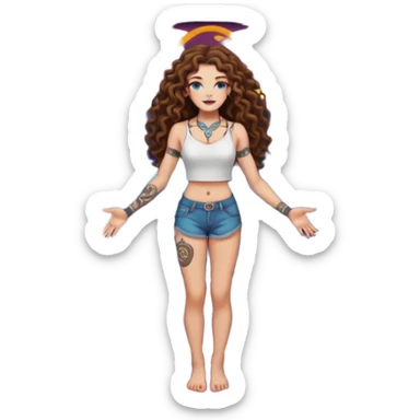 full body view of a woman with long curly brown hair, brown eyes, white skin, tattoos, standing in a magic circle on the ground, neon symbols around her feet sticker