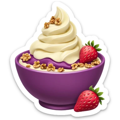 acai purple soft serve in a bowl strawberries and granola and chopped banana sticker