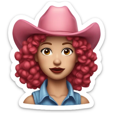 Woman with curly wine red hair and pale face makeup on, red lips, blue eyeshadow, and a pink cowboy hat on sticker