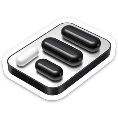 Minimalistic futuristic black medicine pills pack emoji, metallic black and white, reflective sleek surfaces, flat vector design, high-tech clean UI icon sticker
