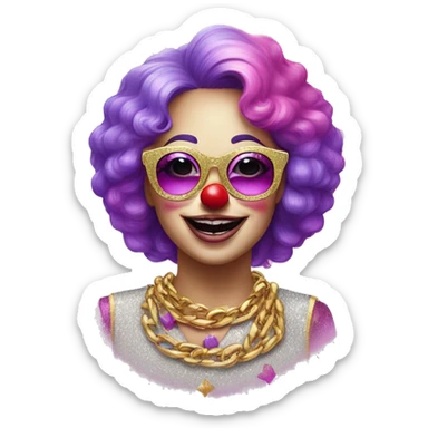 Lady Clown wearing pink sunglasses, glitter shirt, clown has pink and purple hair, gold chain,  sticker