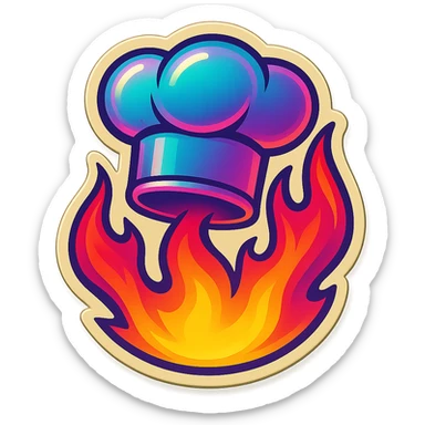 chef's hat with a trail of fire emoji, playful, synthwave colors, vibrant, matching style reference file
 sticker