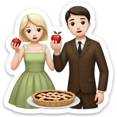Sad man eats a pie. While his sister throws his dress on the apple sticker