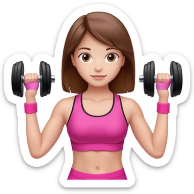 beautiful girl with brown hairs in sport wear in her hands is dumbbells her skin was light and hairs too and her sport wear was pink  sticker