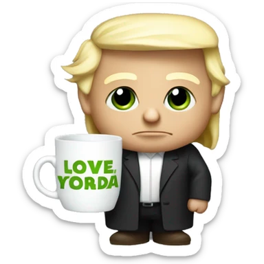 donal trump holding a mug that says i love yoda sticker