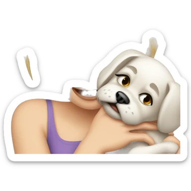 Pretty white woman crying tears while holding puppy sticker