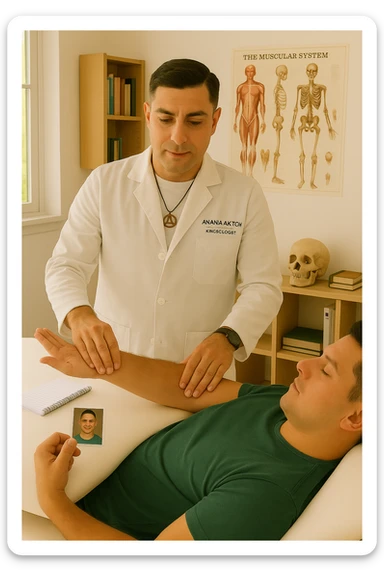 a middle-aged man, dressed in casual professional attire, is in a bright, organized therapy studio. Durante una visita di kinesiologia, il ragazzo tiene con una mano la foto di una persona lontana (il “testimone”) tiene la foto in mano, mentre con l’altra mano esegue un test muscolare su un cliente presente senza foto lui non tiene la foto. Sullo sfondo si vedono libri di kinesiologia, poster anatomici e strumenti tipici della disciplina. L’atmosfera è concentrata e serena, con luce naturale che entra dalla finestra, sottolineando l’aspetto alternativo e umano della pratica. sticker