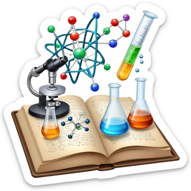 Icon for Scientific and Educational Reading: an open book with mathematical and physical formulas on the pages, with molecules and atoms flying out. On the desk are test tubes, flasks, and a microscope. Transparent background. sticker