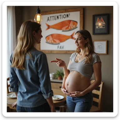 realistic pregnant woman in 4K pointing to a sign that says: 'Attention, consuming raw salmon may pose risks during pregnancy' to a friend sticker