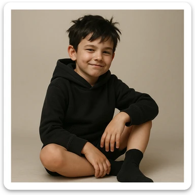 boy kid sitting in a ring sitting pose, wearing a black hoodie with hood off, smirking expression, black messy hair, black shorts, black crew socks, no shoes, only wearing black hoodie, black shorts, and black crew socks sticker