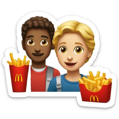 Two kids in the McDonald's and the kids eat happy meal sticker