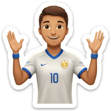 Soccer player celebrating with coach handshake under bright stadium lights, golden lighting, energetic, cinematic, realistic sticker