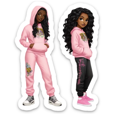 Light skin black girl with long black hair standing up straight with an pale pink ed hardy hoodie logo and pale pink Ed hardy sweatpants with logo  sticker
