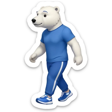 muscular friendly anthropomorphised polar bear walking confidently, wearing a royal blue t-shirt, black pants, and white trainers sticker