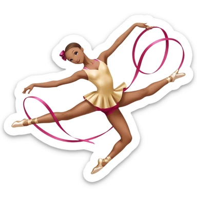 A graceful rhythmic gymnast performing with a flowing ribbon, executing an elegant leap mid-air. The pose exudes flexibility, balance, and artistry. The background suggests a competition arena with soft lighting, emphasizing movement, precision, and the beauty of the sport. sticker