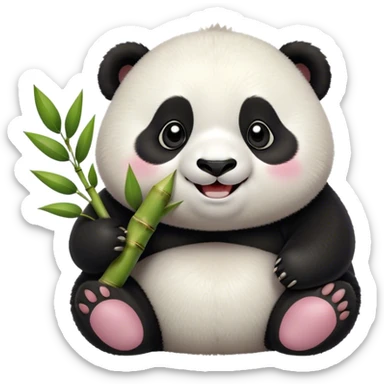 Cinematic smiling chubby panda, fluffy black and white fur, round rosy cheeks, tiny paws holding a bamboo shoot, sparkling eyes full of joy, soft glowing background, irresistibly huggable. sticker